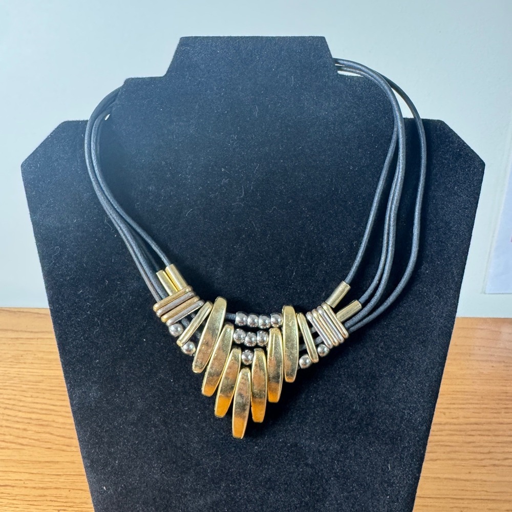 Gold Silver tone Metal Black Cord Bib Style Statement Necklace